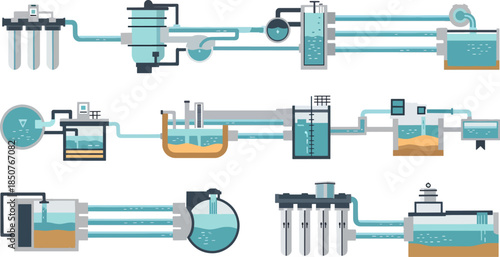 Industrial Water Treatment Process Diagram with Pipes Tanks and Equipment
