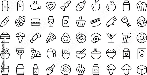 A vast and detailed vector set of black solid glyph food and drink icons, featuring pastries, pizza, burgers, beverages, and desserts, perfect for restaurant apps, menus, and culinary graphics.