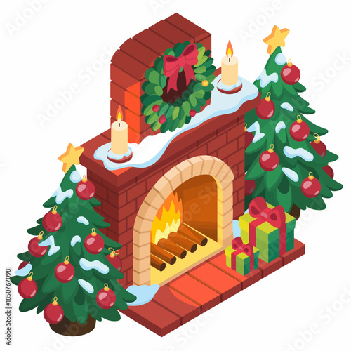 A charming fireplace adorned with holiday decorations and gifts creates a warm, festive atmosphere that embodies the spirit of Christmas celebration and togetherness.