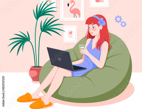 A relaxed woman enjoying her time working on a laptop while seated in a stylish bean bag chair, showcasing the modern lifestyle of comfort, creativity, and remote work culture.