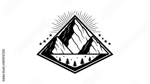 Geometric Mountain Peak Emblem with Sunburst and Trees.