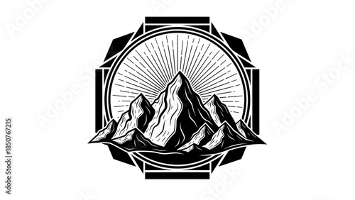 Majestic Mountain Peaks Illustration with Sunburst Effect.