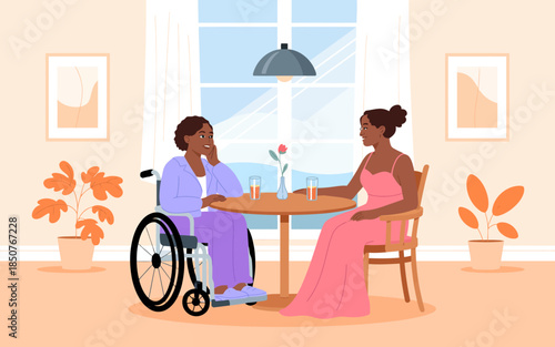 A warm scene showcasing two women at a table, one in a wheelchair, engaging in a meaningful conversation, highlighting friendship and inclusivity in a cozy cafe environment.