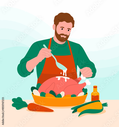 A man in a cozy kitchen preparing a delicious roast turkey with vegetables, capturing the essence of holiday cooking and the warmth of family gatherings.