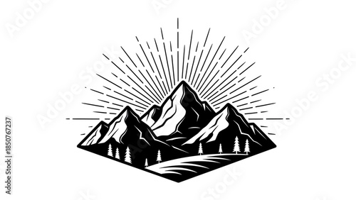 Majestic Mountain Peaks Under Radiant Sunburst Illustration.