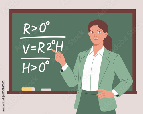 A confident teacher explaining a math equation on a chalkboard, promoting education and learning, symbolizing knowledge and innovation in an academic setting.
