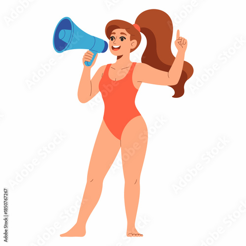A vibrant swimmer energetically holds a megaphone, expressing enthusiasm and motivation, highlighting the dynamics of sportsmanship and the spirit of competition.