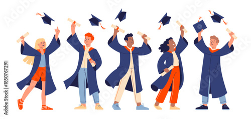 A group of happy graduates celebrate their achievements by tossing their caps in the air, showcasing joy and accomplishment during graduation ceremonies.
