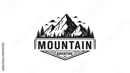 Mountain Adventure Emblem with Pine Trees and Peaks.
