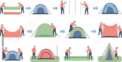 People Setting Up Tents Camping in Outdoor Nature Scene