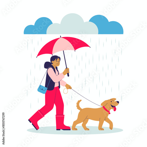 A cheerful individual walking a dog in the rain, under a colorful umbrella, depicting resilience and joy amid challenging weather, showcasing a warm connection between pets and humans.