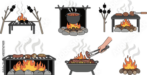 Cooking Food Over Open Fire with Grill and Skewers in Rustic Outdoor Setting
