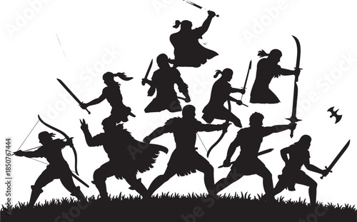 Silhouetted Warriors Fighting in Dynamic Action with Swords and Spears in Dramatic Lighting on White Background for Martial Arts