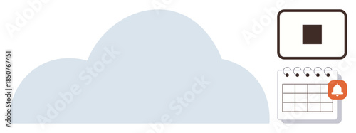 Large cloud graphic connected to a calendar with a notification alert and a digital square icon. Ideal for data management, cloud storage, organization, reminders, scheduling, digital tools, task
