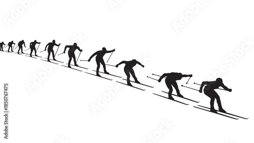 Skiers in motion silhouette in dynamic movement with black shadows on white background for sports illustration