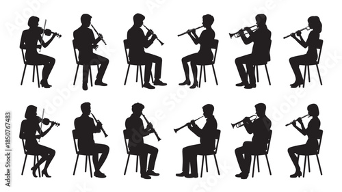 Silhouette of musicians playing flute in various poses with dramatic lighting on white background for music education