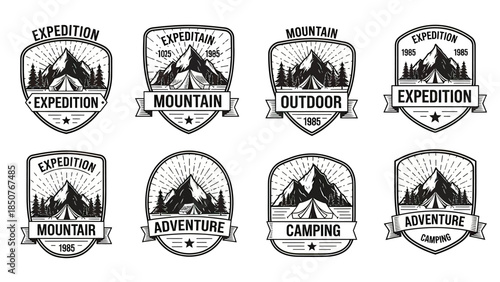Set of Vintage Mountain Expedition Adventure Camping Badges.
