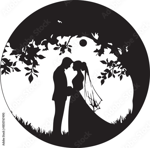 A romantic vector art illustration features the black silhouette of a couple kissing under a moonlit tree surrounded by nature and flowers in a beautiful night design