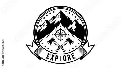 Vintage Emblem Featuring Mountains Compass and Axes for Exploration.