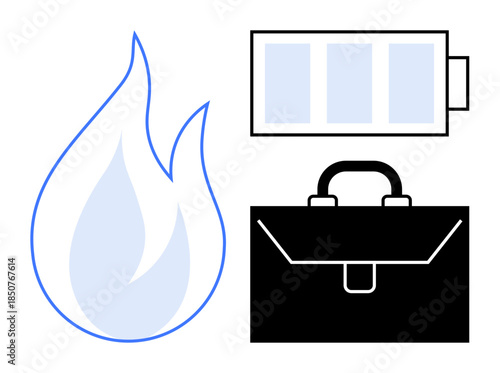 Energy management, workplace safety, business management, renewable power, emergency planning, resource optimization. Blue flame, full battery briefcase illustration. Energy management and workplace