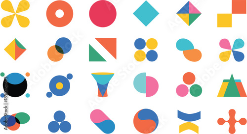 A vector set of abstract, minimalist, and modern geometric logos and icons created from overlapping colorful shapes, perfect for branding, business identity, and contemporary graphic design.