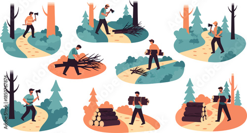 Group of People Logging and Chopping Wood in Forest Scene