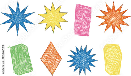 A colorful vector set of eight rough, hand-drawn starburst and irregular geometric shapes with a scribble texture, perfect for playful labels, badges, grunge, and sketchy graphic design.