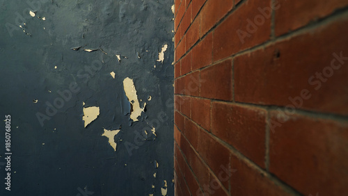 Walls with peeling and damaged black paint surfaces. Half a red brick wall