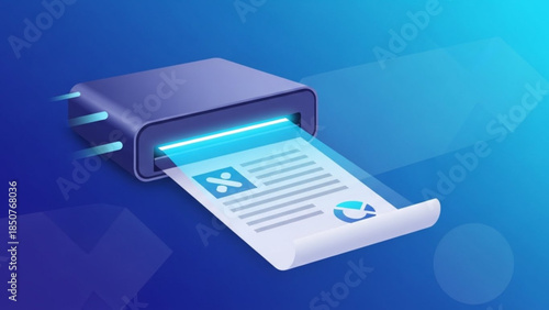 Glowing blue printer with document emerging on blue background with futuristic lighting effects
