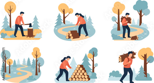 Woodcutter Man Cutting Tree Logs in Forest Path Scene