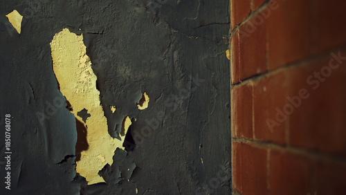 Walls with peeling and damaged black paint surfaces. Half a red brick wall