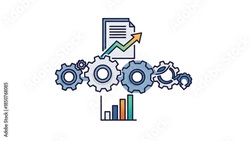 Gears and document with growing graph, colorful bars, industrial style business process optimization illustration