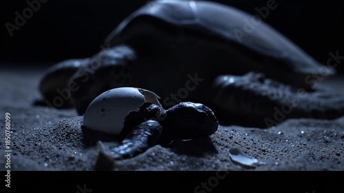 Moonlit sea turtle resting on sandy beach with smooth pebble