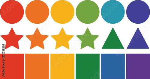 A vector set of simple geometric shapes, including circles, stars, and squares, arranged in a vibrant rainbow color progression, perfect for educational, color palette, and basic graphic design use.