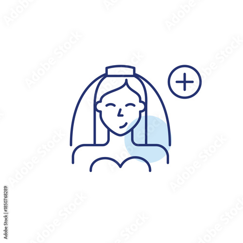 Happy bride in veil and plus. Wedding update, ceremony plan. Pixel perfect, editable stroke vector icon