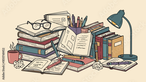 Cluttered Desk with Books and Stationery