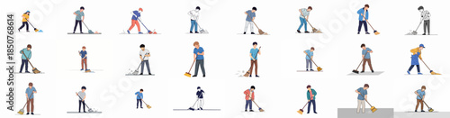 Collection of people sweeping floors with brooms, various characters cleaning up dirt and dust illustration set.