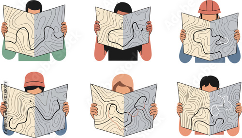 Group of People Reading Topographic Maps in Outdoor Setting