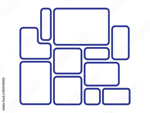 Blue frame grid collage template with rounded corners for photos or images isolated on white background