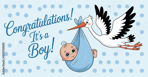 A whimsical illustration of a stork delivering a baby with a joyful announcement, capturing the excitement and happiness surrounding the arrival of a newborn to the family.