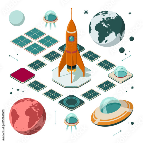 A vibrant, futuristic scene depicts a rocket surrounded by planets and solar panels, symbolizing space exploration and innovation. The design conveys a sense of adventure and curiosity.