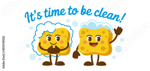 Two cheerful cartoon sponges encourage cleanliness with bright colors and friendly expressions, making cleaning a fun and engaging activity for children and families.