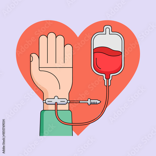 A hand donating blood connected to a blood bag is illustrated against a heart-shaped background, highlighting the importance of blood donation and love.