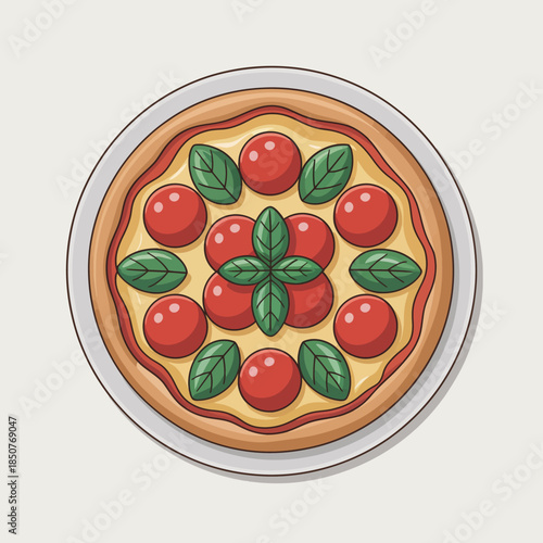 This colorful pizza features a variety of fresh ingredients, including vibrant tomatoes and green basil, showcasing a classic and appetizing Italian dish on a round plate.