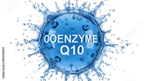 Coenzyme Q10 supplement concept featuring a glowing blue sphere submerged in a dynamic water splash against black
