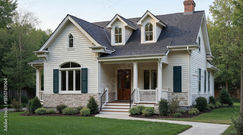 Welcoming classic american small house exterior with beautiful suburban residential building design. peaceful dream home