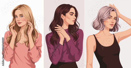 A trio of women flaunting diverse hairstyles and fashion styles stand together, representing beauty and individuality, highlighting the power of self-expression and personal style.