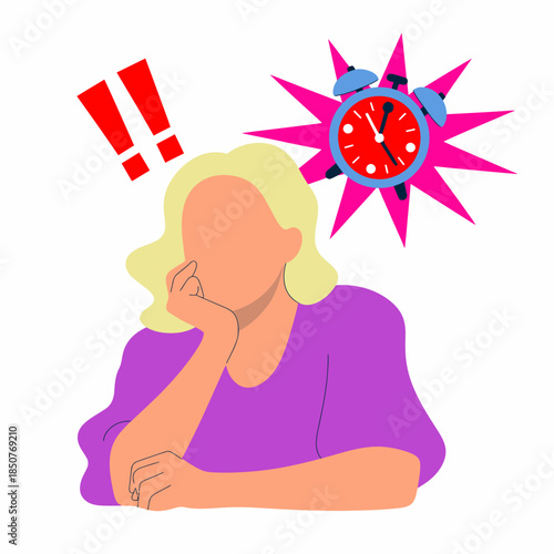A thoughtful woman contemplating time constraints, symbolized by an alarm clock and exclamation marks, representing the stress and urgency of modern life.
