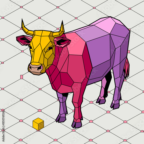 This vibrant geometric cow illustration uses abstract shapes and colors to represent the animal in a contemporary, artistic manner that captivates viewers' attention.