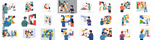 Artists and painters creating abstract murals and colorful contemporary artwork, illustrating the artistic process and creative hobbies.